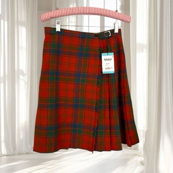 VTG Bellman’s Scotch Wool Shop Orange Plaid Kilt Skirt size XS/S